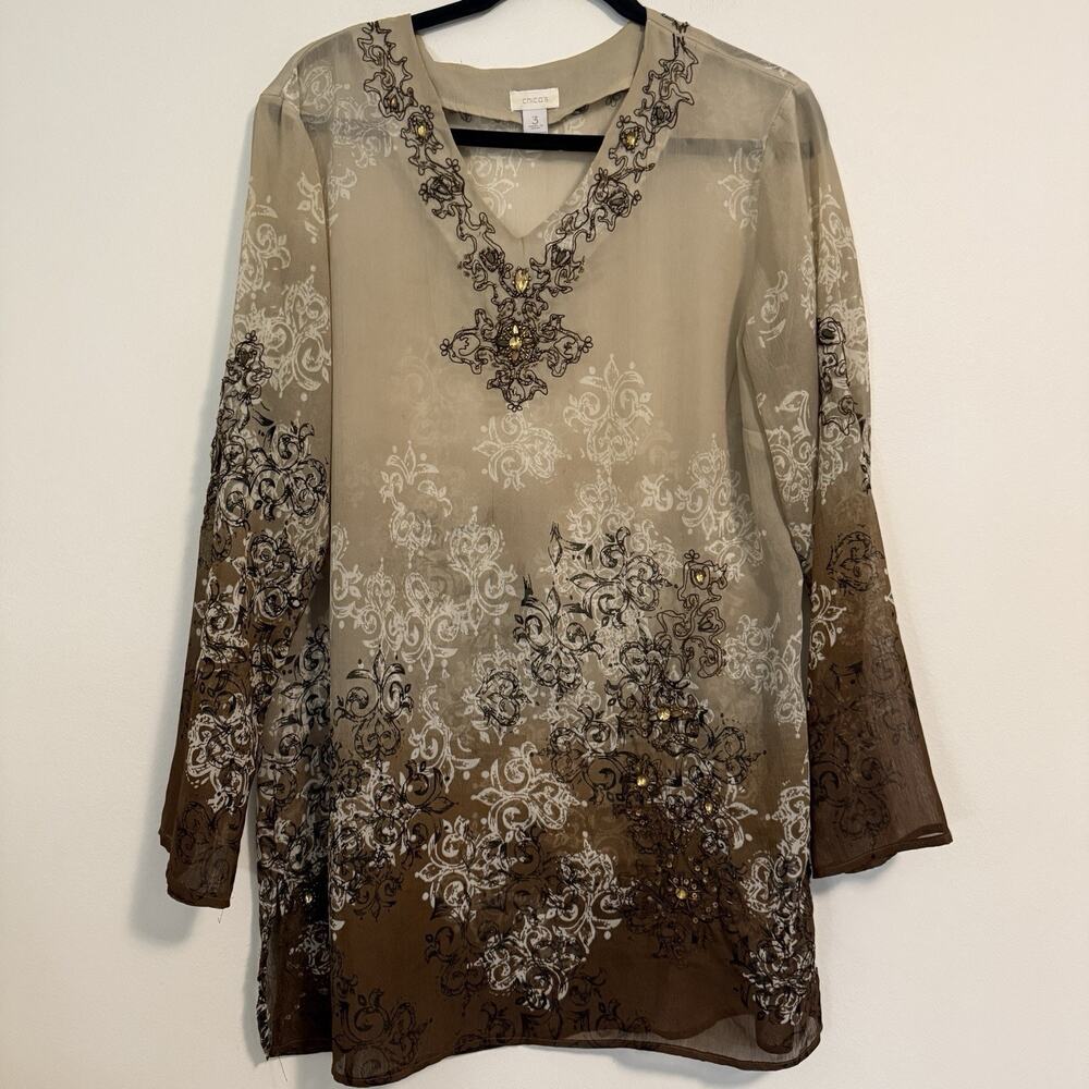 Chicos Size 3 (XL) Sheer Jewel‎ Embroidered Tunic Shirt Art Teacher Boho Top
